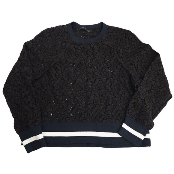 ZARA Women's Navy Blue Lace Sporty Striped Long Sleeve Crew Neck Sweater Small - Picture 1 of 5
